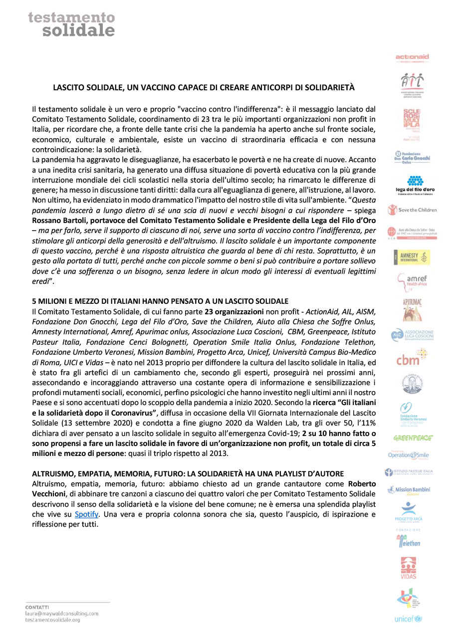 Lascito Solidale, un vaccino capace di creare anticorpi di solidarietà