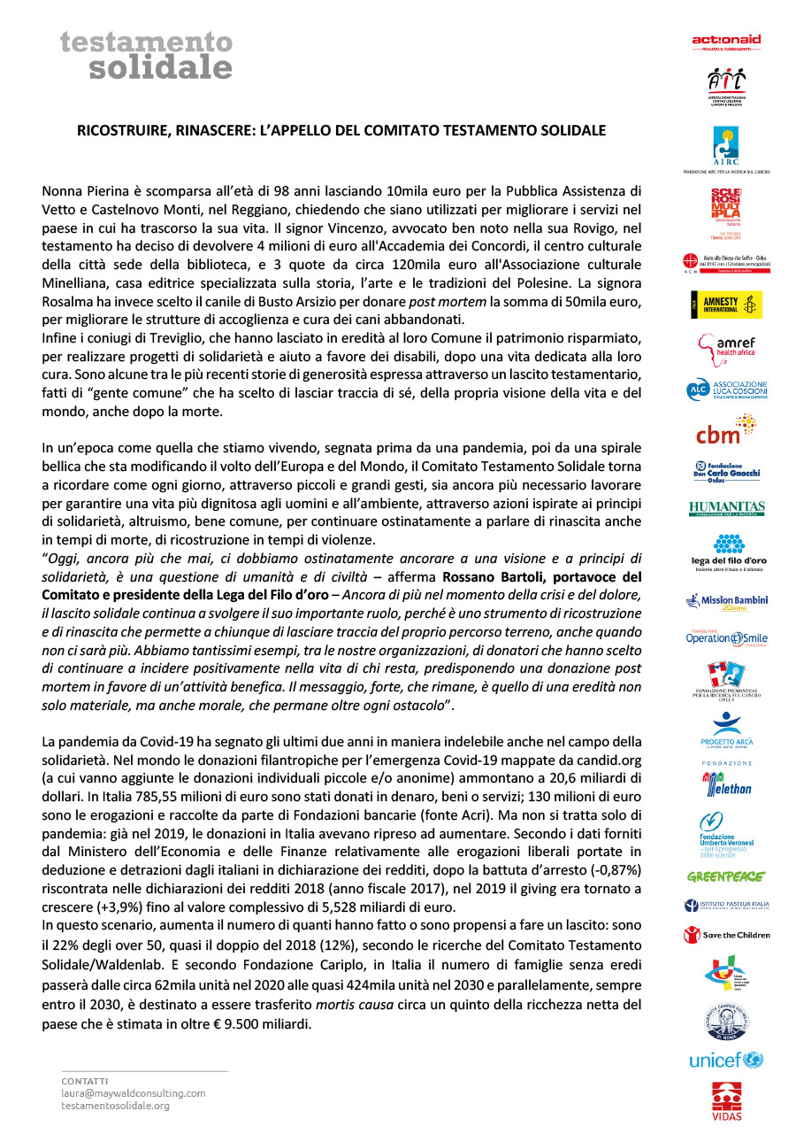 RICOSTRUIRE, RINASCERE: L’APPELLO DEL COMITATO TESTAMENTO SOLIDALE