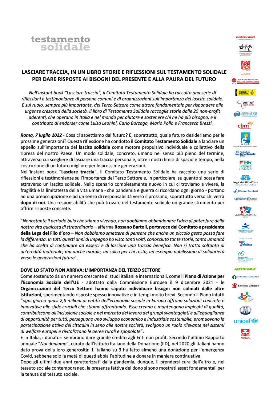 LASCIARE TRACCIA, IN UN LIBRO STORIE E RIFLESSIONI SUL TESTAMENTO SOLIDALE PER DARE RISPOSTE AI BISOGNI DEL PRESENTE E ALLA PAURA DEL FUTURO