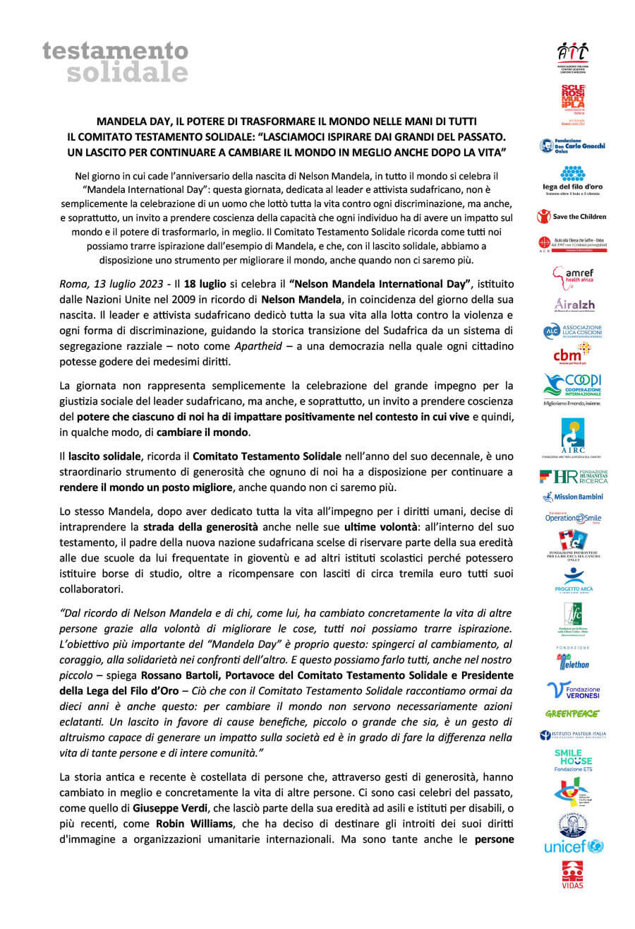 MANDELA DAY, IL POTERE DI TRASFORMARE IL MONDO NELLE MANI DI TUTTI. “LASCIAMOCI ISPIRARE DAI GRANDI DEL PASSATO.